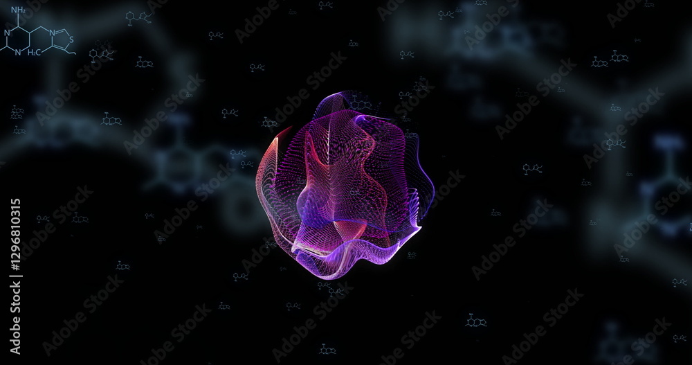 Wall mural abstract image of glowing, morphing shape over molecular structures on black background