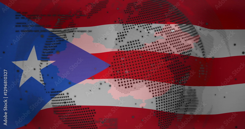 Poster puerto rican flag with global network image and coding text overlay