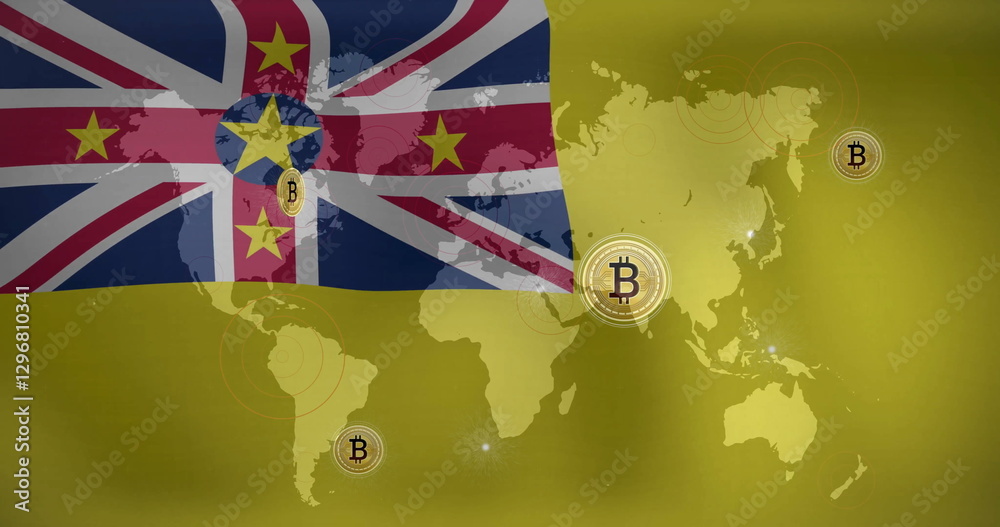 Poster bitcoin symbols and world map image over niue flag background