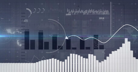 Financial data charts and graphs with fluctuating lines image over world map