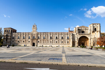 Leon, Spain - November 02, 2024: Exterior facade of the convent of san Mark in the city of Leon, Spain