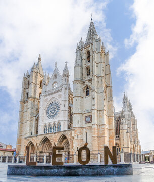 Leon, Spain - November 02, 2024: Exterior facade of the Gothic cathedral in the city of Leon, Spain