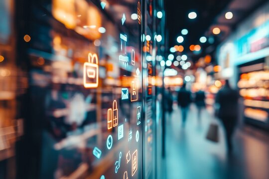 Digital shopping icons on glass amid blurred retail environment  a concept of e commerce marketing