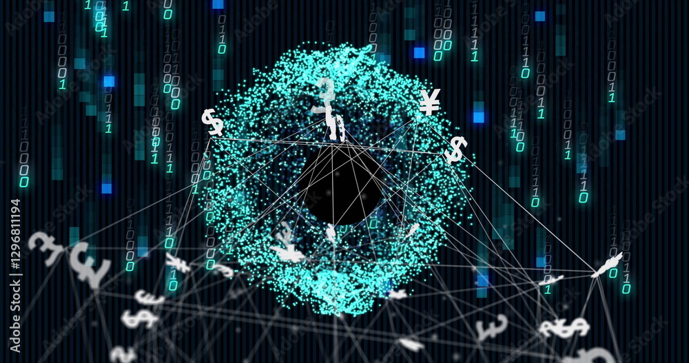 Poster digital currency symbols and binary code image over network connections and data processing