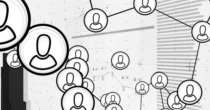 Network of connected user icons and data processing image over graphs and charts