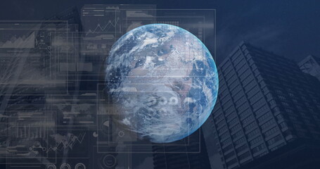 Image of globe and data processing over cityscape