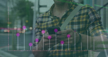 Image of financial data processing over caucasian businessman using smartphone