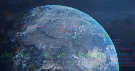 Image of globe and data processing over diagrams