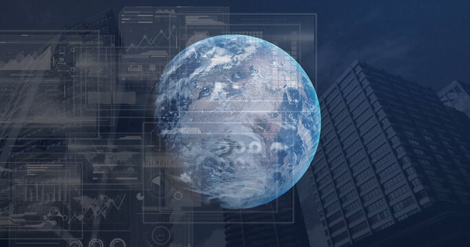 Image of globe and data processing over cityscape - Powered by Adobe