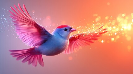 Magical pink bird flying, sunset, sparkles, fantasy, design
