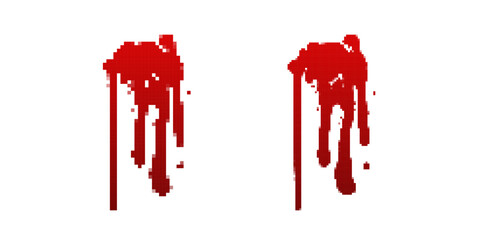 Two eerie pixel style blood splatters with long, trailing drips. The left appears more solid, while the right looks more splattered and chaotic. Ideal for horror, crime, and thriller visuals, evoking