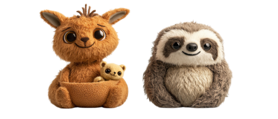 Png of Cute Sloth and Kangaroo Plush Toys Soft Stuffed Animals with Baby Kangaroo for Kids and Collectors on transparent background.