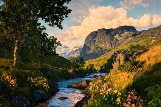 Mountain with Flowing Stream and Greenery at sunset