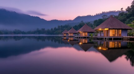 Fototapeta premium Charming Lakeside Cabins at Sunrise