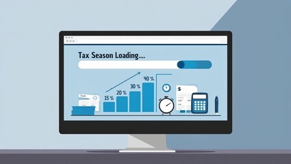 A digital illustration showing a computer screen displaying tax season information, featuring graphs, charts, and various financial icons.