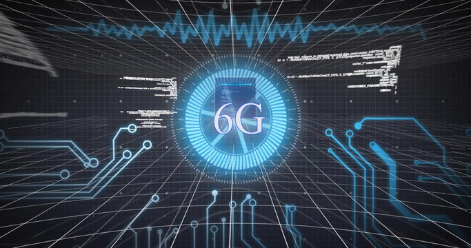 Image of 6g text, digital data processing and circuit board over dark background - Powered by Adobe