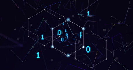 Image of binary coding and shapes on black background