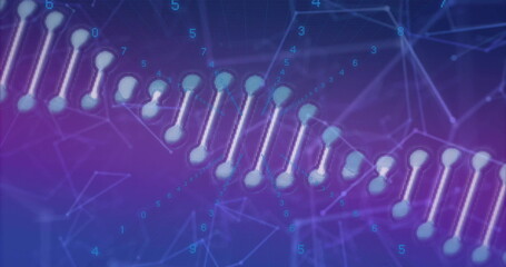 Image of data processing, dna strand and shapes on blue background