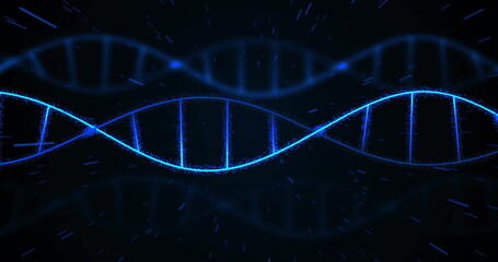 Image of blue trails and dna strands on black background