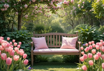 Obraz premium Tranquil Spring Garden Pink Tulips Wooden Bench - Serene Outdoor Relaxation Wellness Home Decor