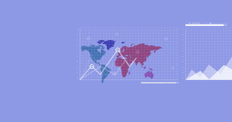 Image of financial data processing over world map on blue map