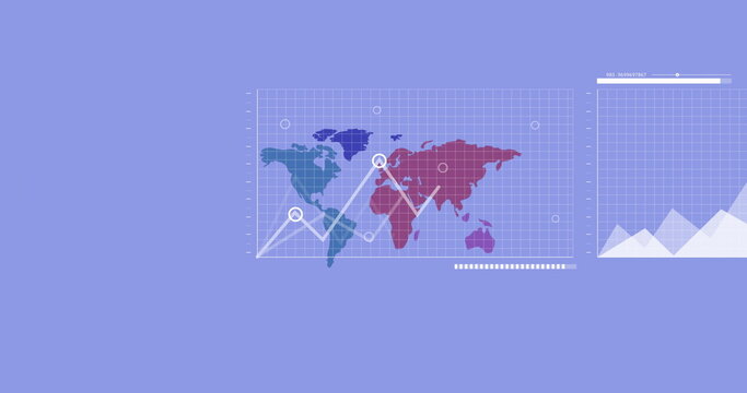 Image of financial data processing over world map on blue map - Powered by Adobe