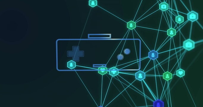 Image of network of connections with icons over gamepad