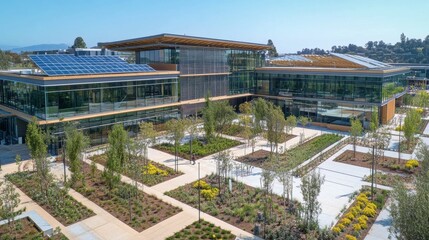 A tech campus being constructed with innovative designs, including solar canopies and landscaped courtyards