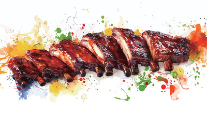 High-angle, close-up shot of a rack of barbecued pork ribs, sliced and arranged on a white background. The ribs have a dark, glossy, caramelized surface.  Vibrant splashes of yellow, orange, red,