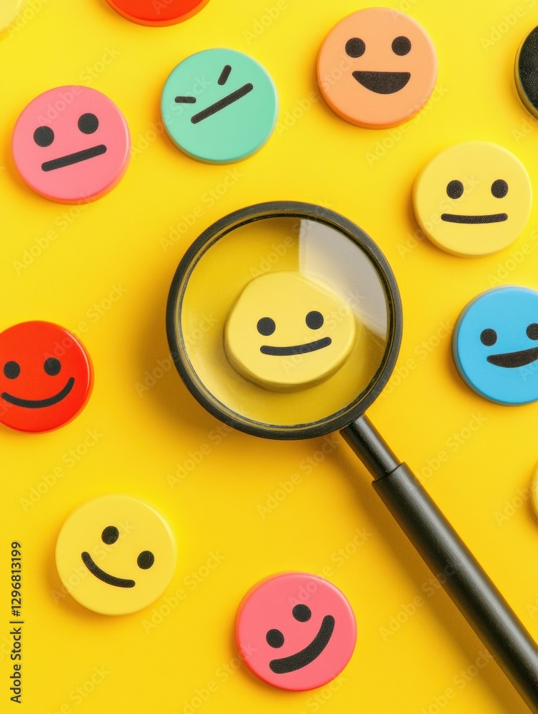 Aufkleber Colorful smiley face buttons on bright yellow background with magnifying glass highlighting one smiley. Generative AI
