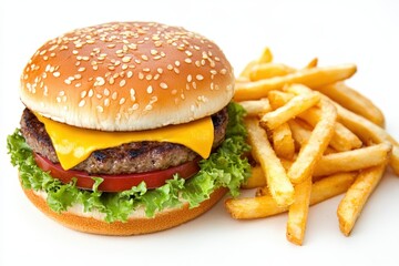 A delicious hamburger with crispy french fries on a clean white background