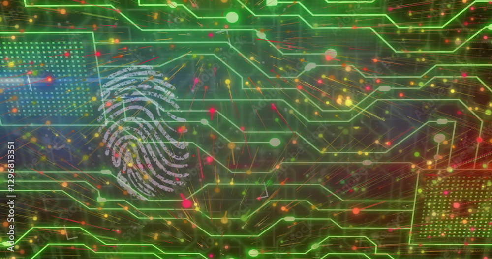 Poster image of network of connections over fingerprint and computer circuit board on black background