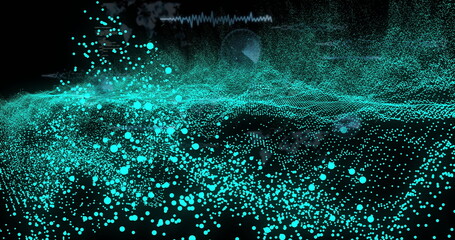 Image of blue spots over data processing on black background