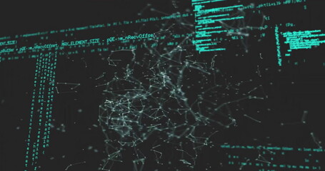 Image of network of connections over data processing on black background