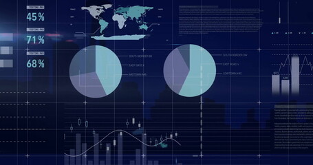 Image of data processing and diagrams over cityscape