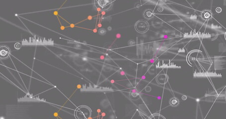 Image of network of connections with data processing on grey background