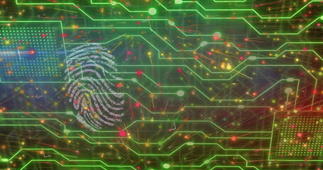 Image of network of connections over fingerprint and computer circuit board on black background