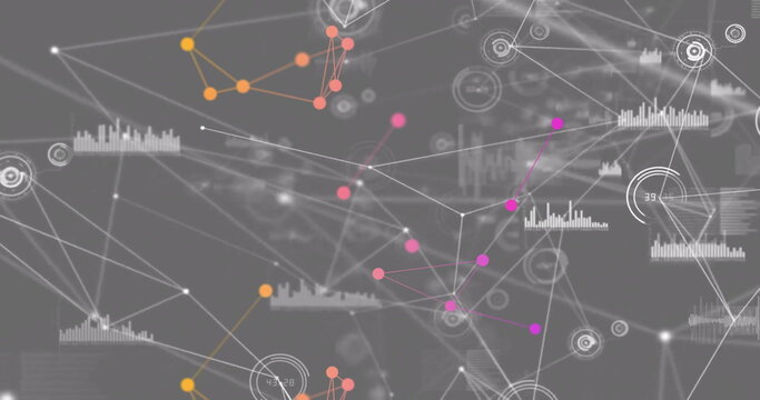 Image of network of connections with data processing on grey background