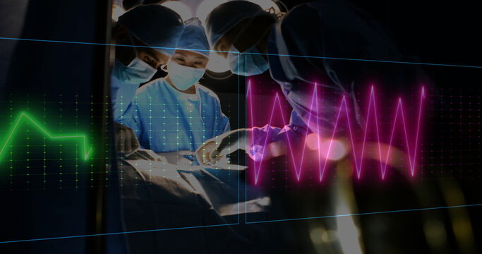 Image of cardiograph over diverse surgeons in operating theatre