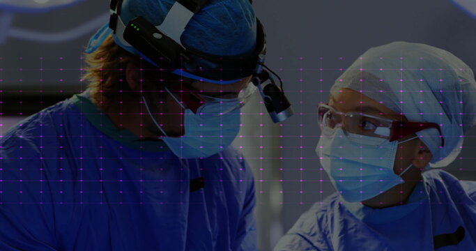 Image of cardiograph over diverse surgeons in operating theatre