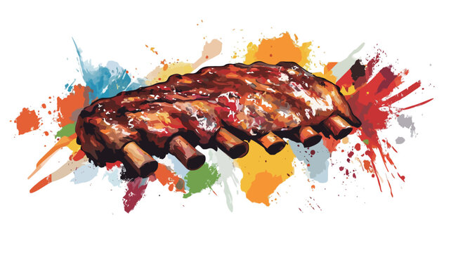 A digital illustration of a rack of barbecue ribs rendered in a realistic style, presented against a backdrop of vibrant, colorful paint splatters. The ribs are depicted with a glossy, glistening