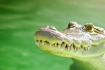 Obraz premium Majestic crocodile rests near shimmering green water, showcasing