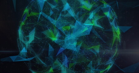 Image of rotating 3d sphere of green and blue networks on black background