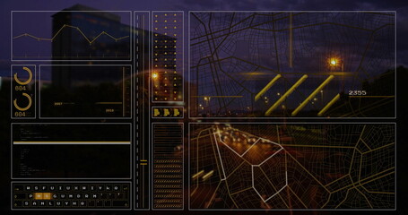 Image of digital data processing over cityscape