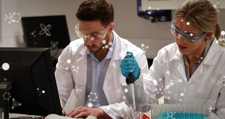 Image of molecules and data processing over diverse scientists in laboratory