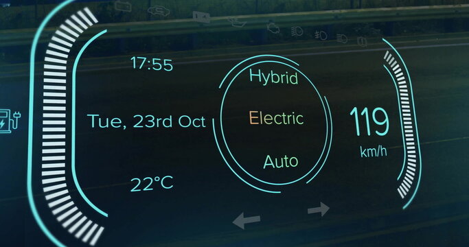 Image of speedometer on hybrid electric vehicle interface screen with date, time and temperature