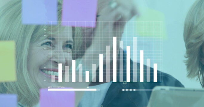 Image of financial data processing over diverse business people in office