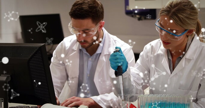 Image of molecules and data processing over diverse scientists in laboratory - Powered by Adobe