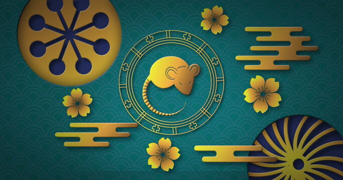 Image of chinese new year symbol of mouse over flowers and shapes - Powered by Adobe