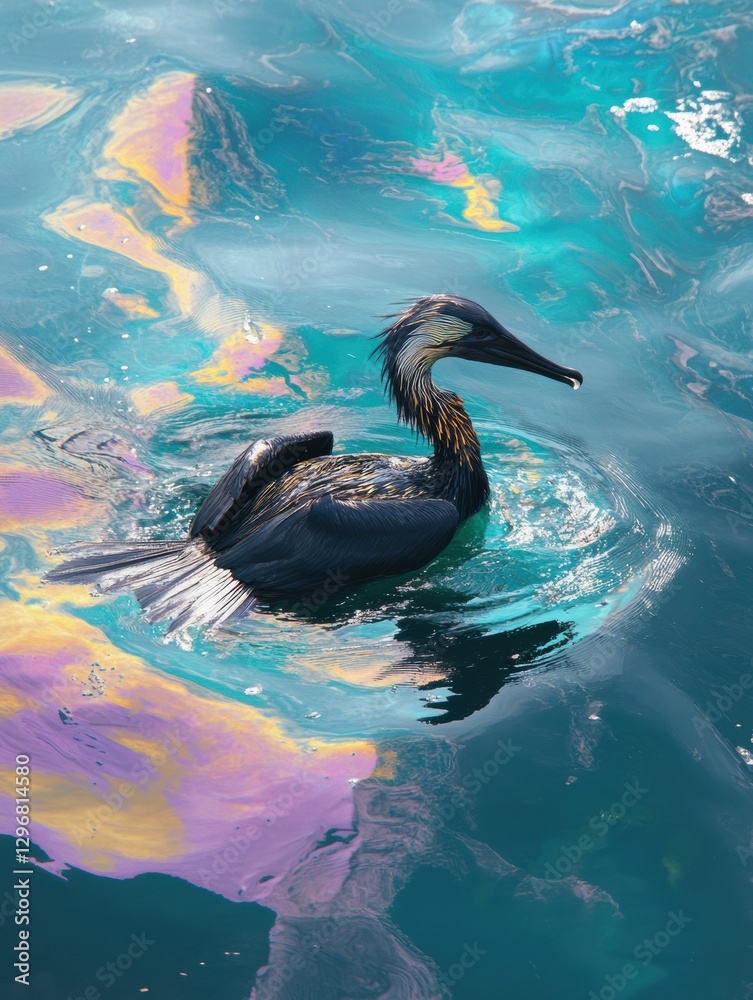 Aufkleber oil spill creates a colorful sheen on the ocean as a seabird struggles to remain afloat in distress.